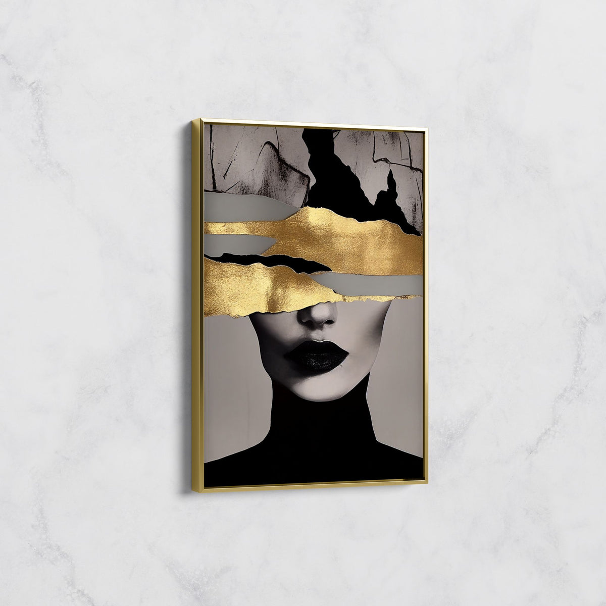 Tableau Portrait Abstrait Noir et Or – Décoration Chic Moderne