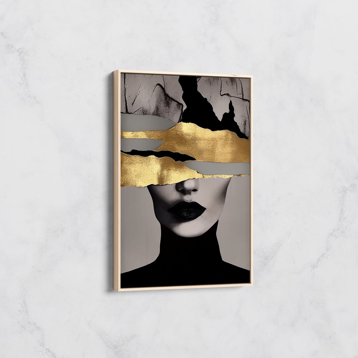 Tableau Portrait Abstrait Noir et Or – Décoration Chic Moderne