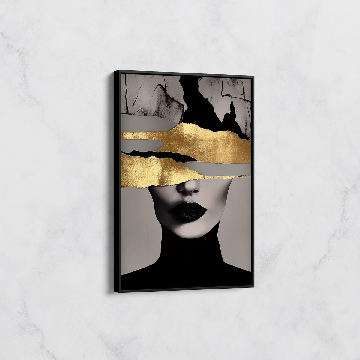 Tableau Portrait Abstrait Noir et Or – Décoration Chic Moderne