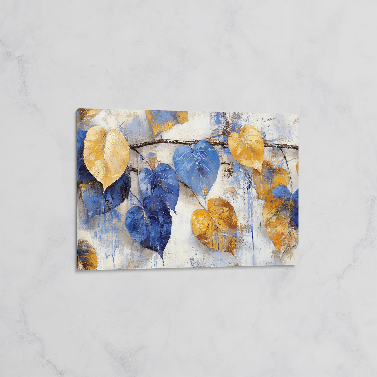 Feuilles Dorées et Bleues – Tableau mural décoratif Nature Moderne