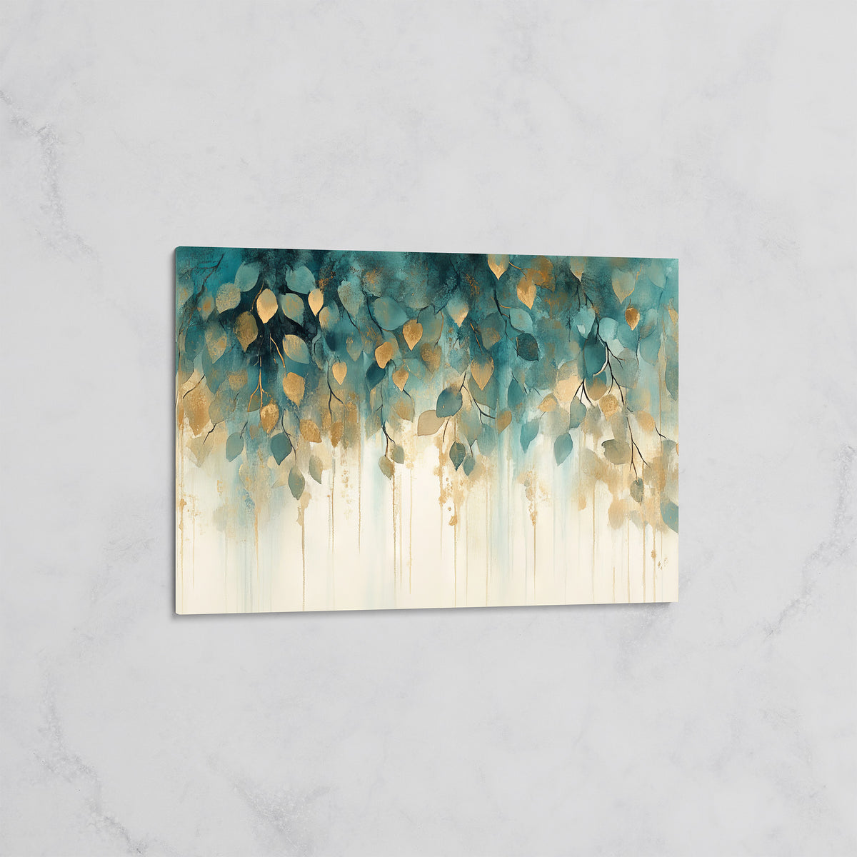 Feuillage Abstrait Doré et Bleu – Tableau décoratif Nature Moderne