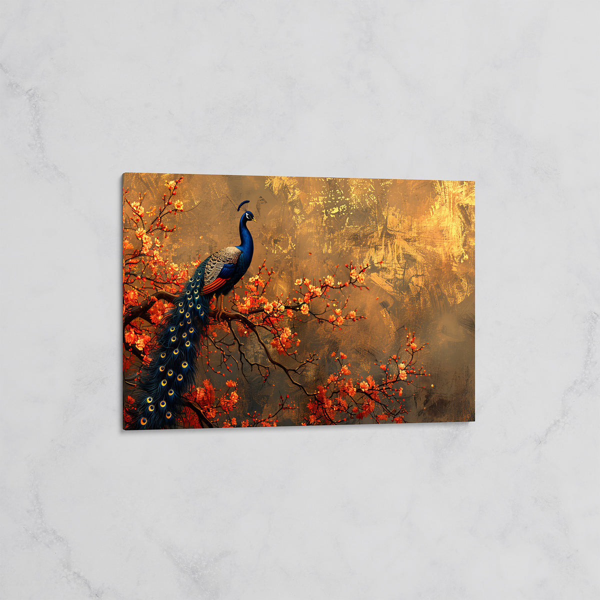 Paon sur Branche Fleurie – Tableau mural décoratif Élégant