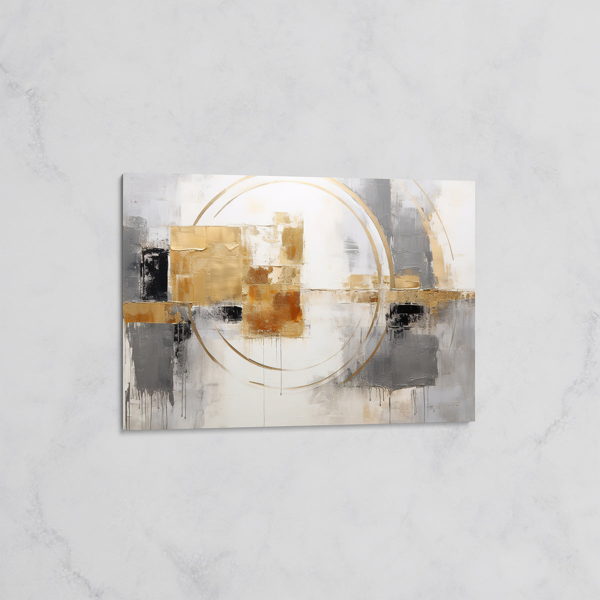 Abstrait Cercle et Carrés Dorés – Tableau mural décoratif Moderne