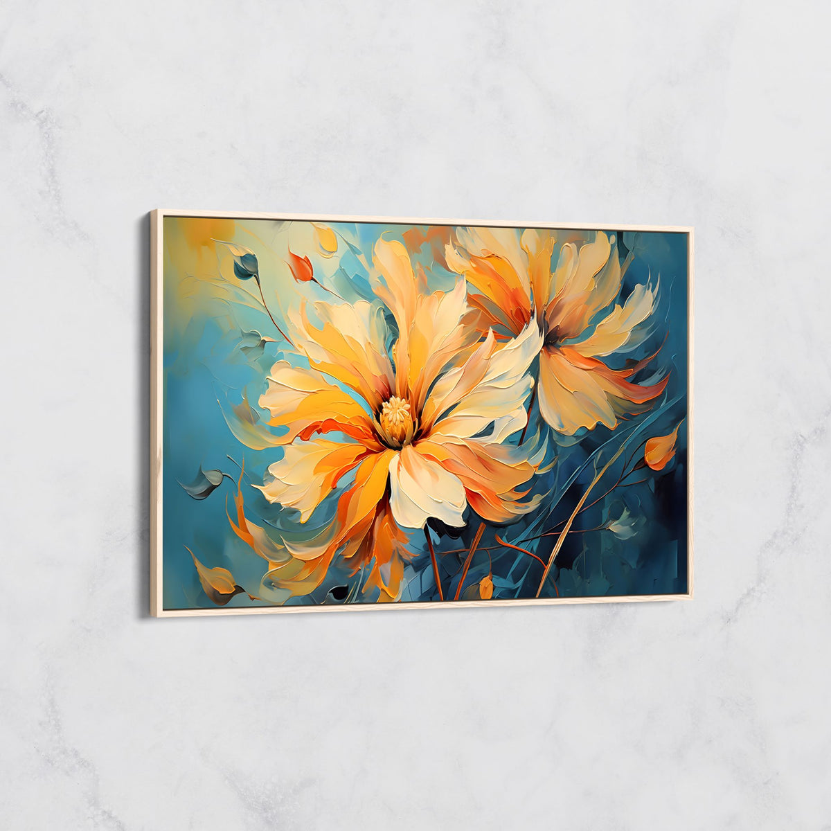 Tableau Floral Vibrant Orange et Bleu