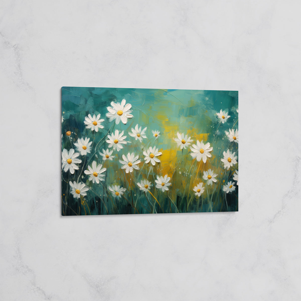 Tableau Floral Naturel - Champ de Marguerites sur Fond Vert et Jaune