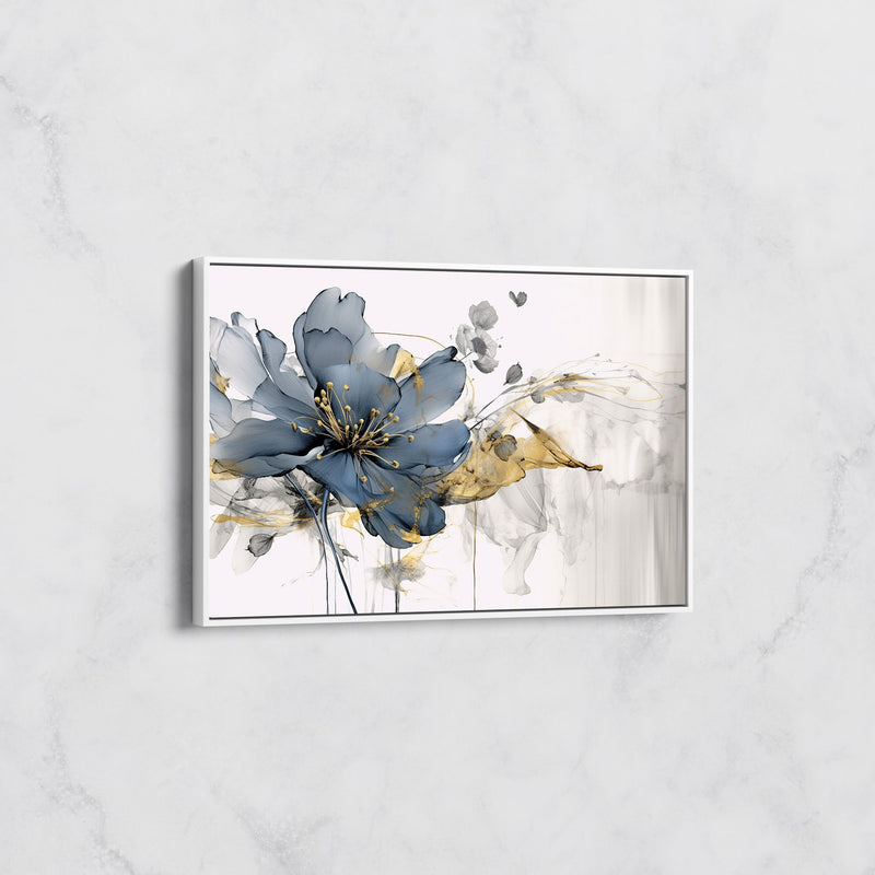 Tableau Fleur Moderne Bleue et Or – Art Floral Élégant