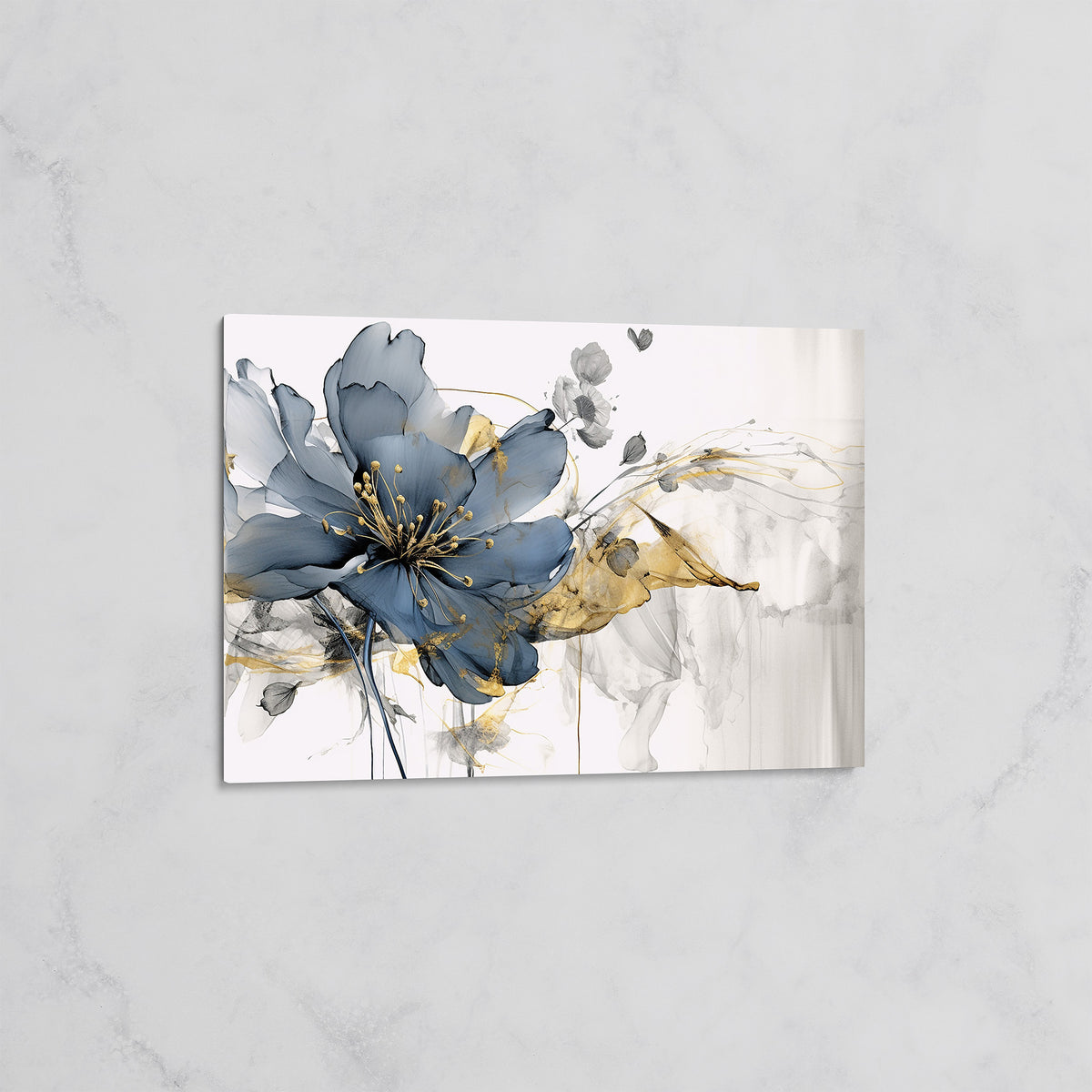Tableau Fleur Moderne Bleue et Or – Art Floral Élégant