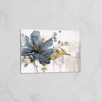 Tableau Fleur Moderne Bleue et Or – Art Floral Élégant