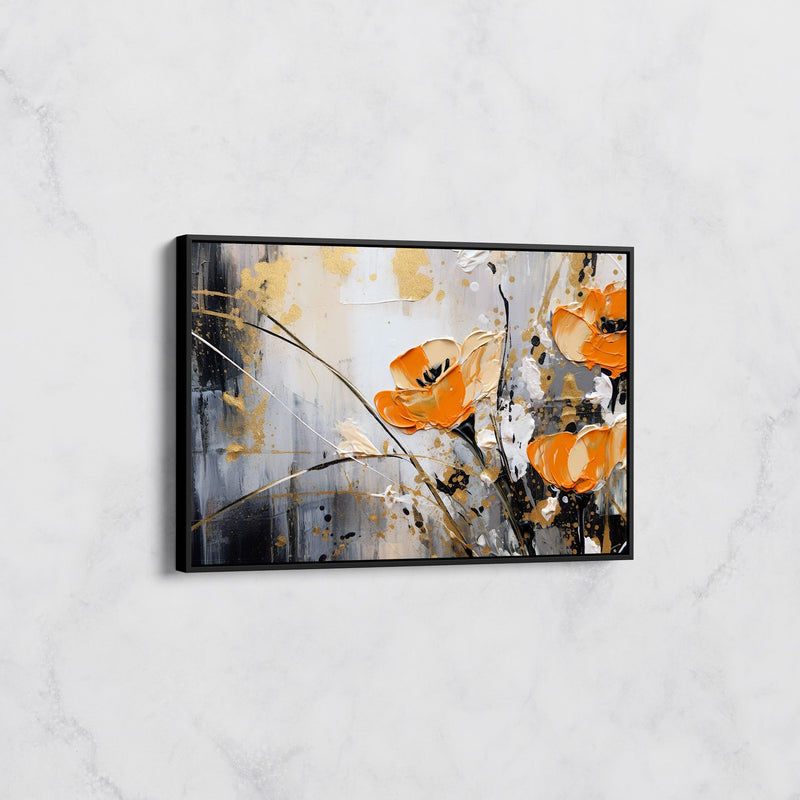 Tableau Floral Abstrait Orange et Or – Décoration Moderne