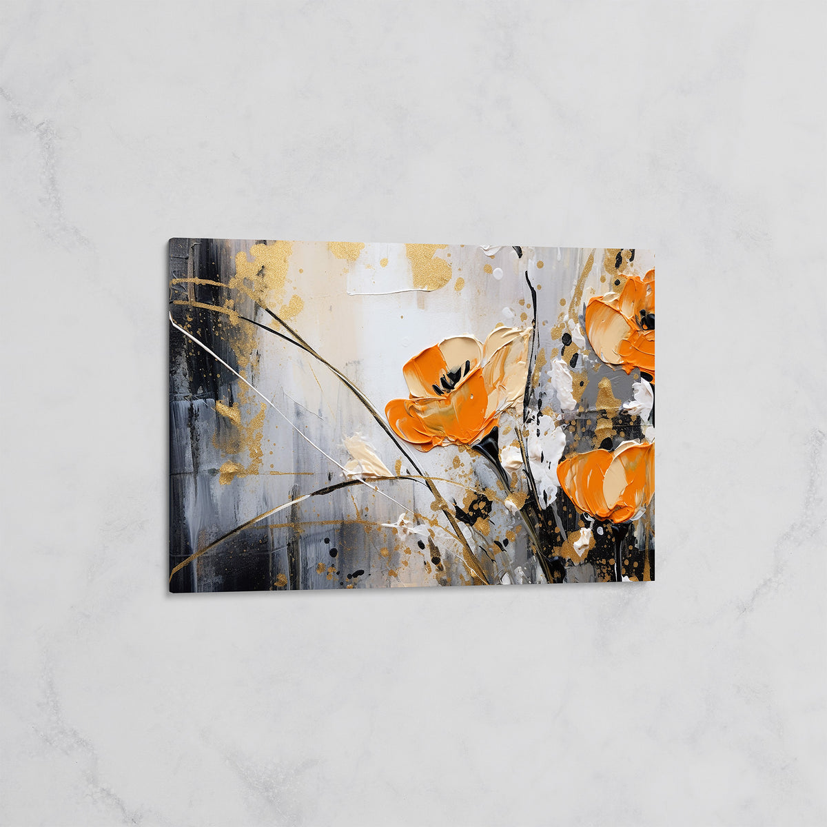 Tableau Floral Abstrait Orange et Or – Décoration Moderne