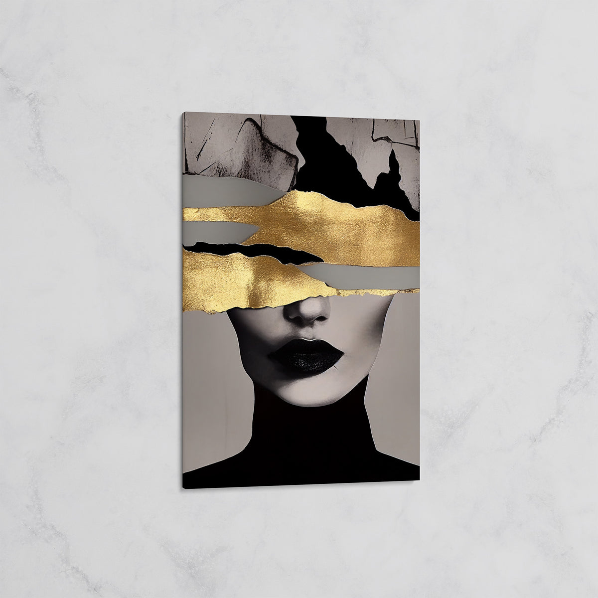 Tableau Portrait Abstrait Noir et Or – Décoration Chic Moderne