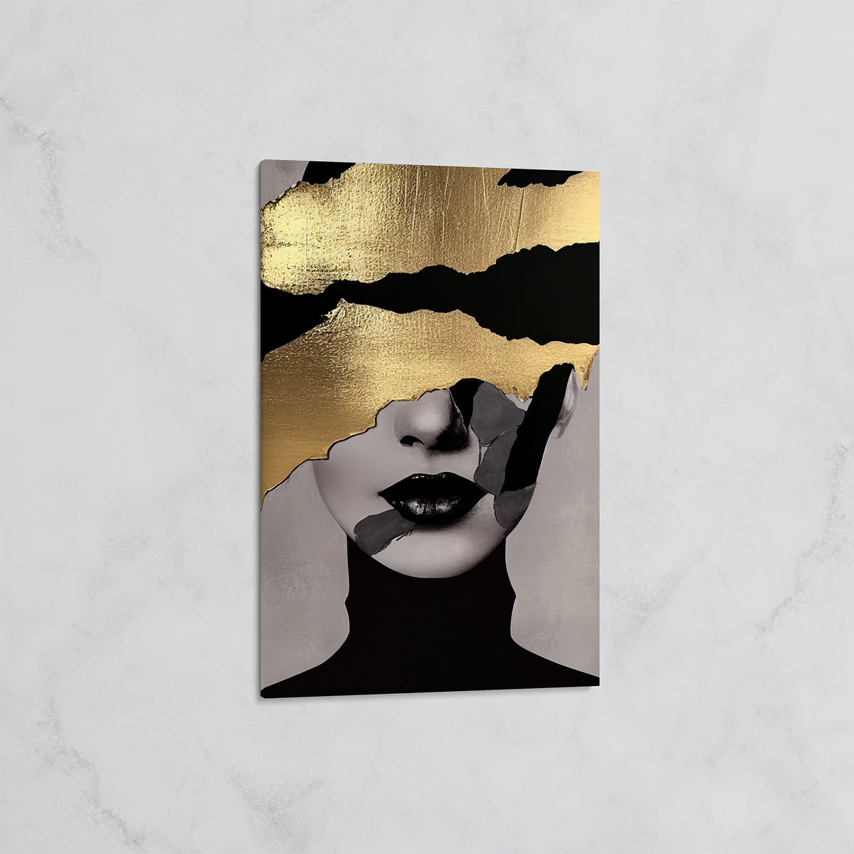 Tableau Visage Abstrait Or et Noir – Art Contemporain Sophistiqué
