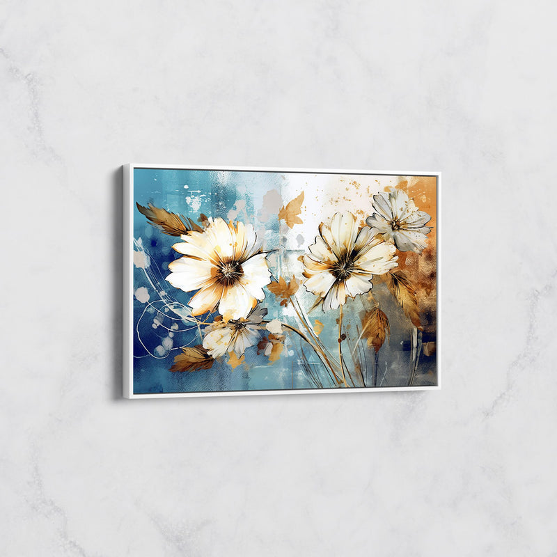 Tableau Fleurs Blanches sur Fond Bleu et Or – Art Floral Moderne