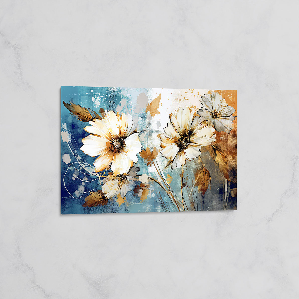 Tableau Fleurs Blanches sur Fond Bleu et Or – Art Floral Moderne