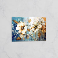 Tableau Fleurs Blanches sur Fond Bleu et Or – Art Floral Moderne