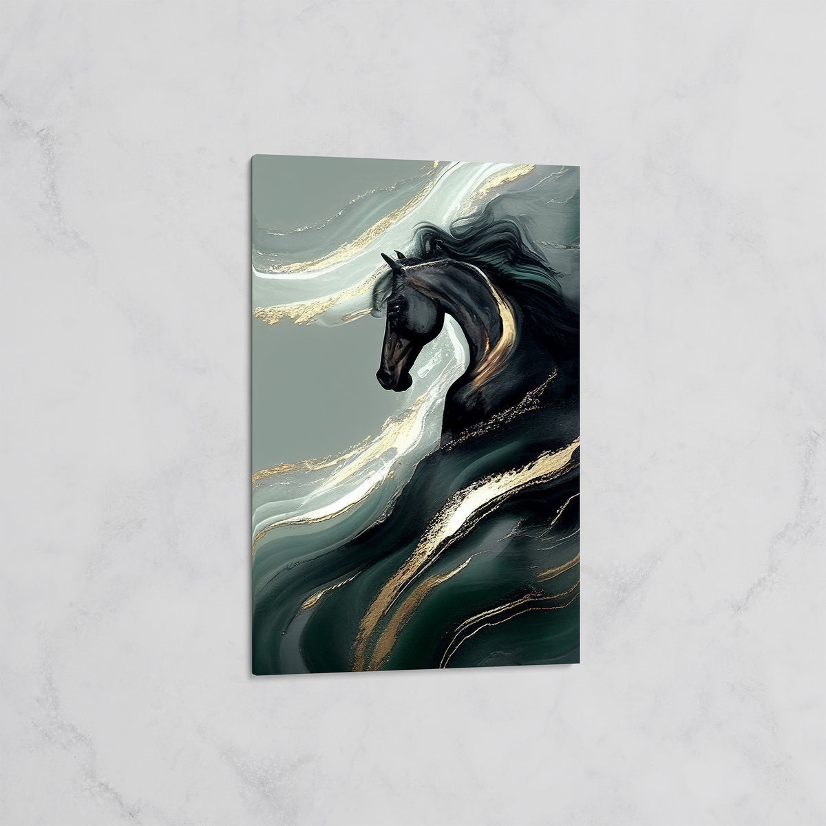 Tableau Cheval Soyeux Vert et Or – Art Abstrait Contemporain