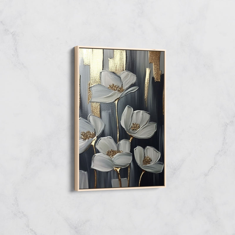 Tableau Fleurs Blanches et Dorées – Art Floral Moderne