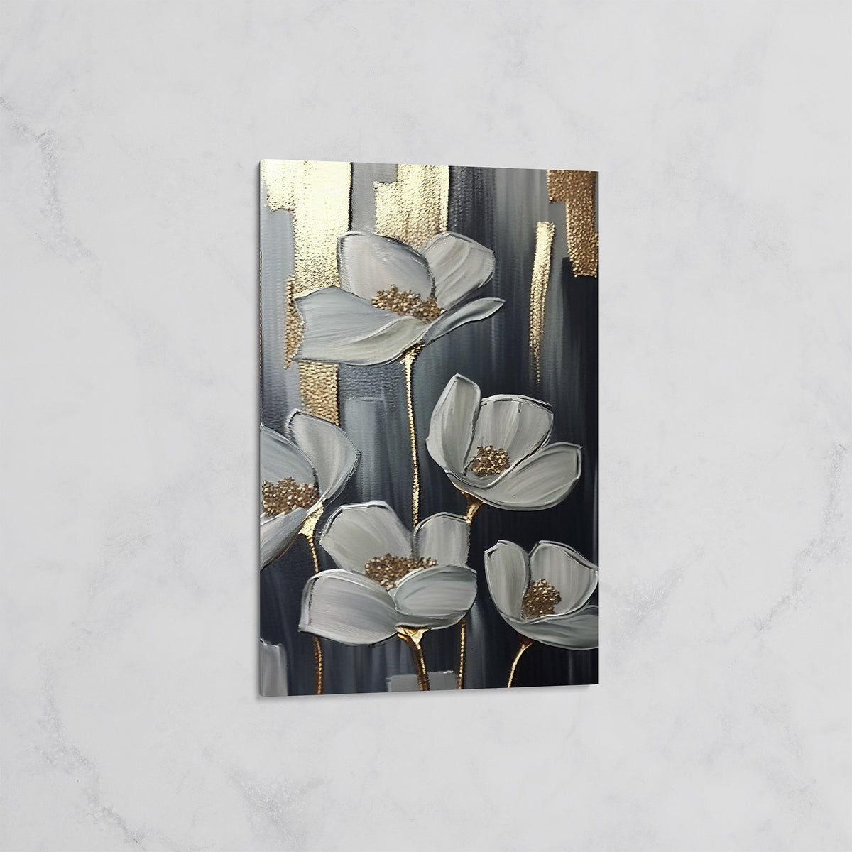 Tableau Fleurs Blanches et Dorées – Art Floral Moderne