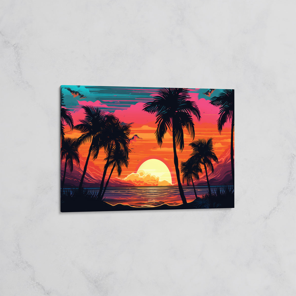 Tableau Paysage Tropical - Coucher de Soleil Vibrant avec Palmiers