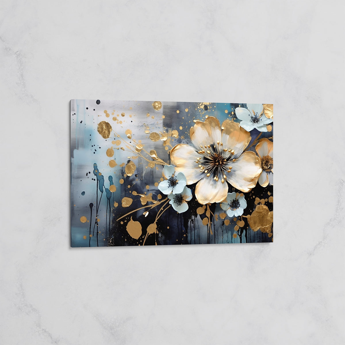 Tableau Bouquet Doré et Bleu Intense – Art Floral Moderne