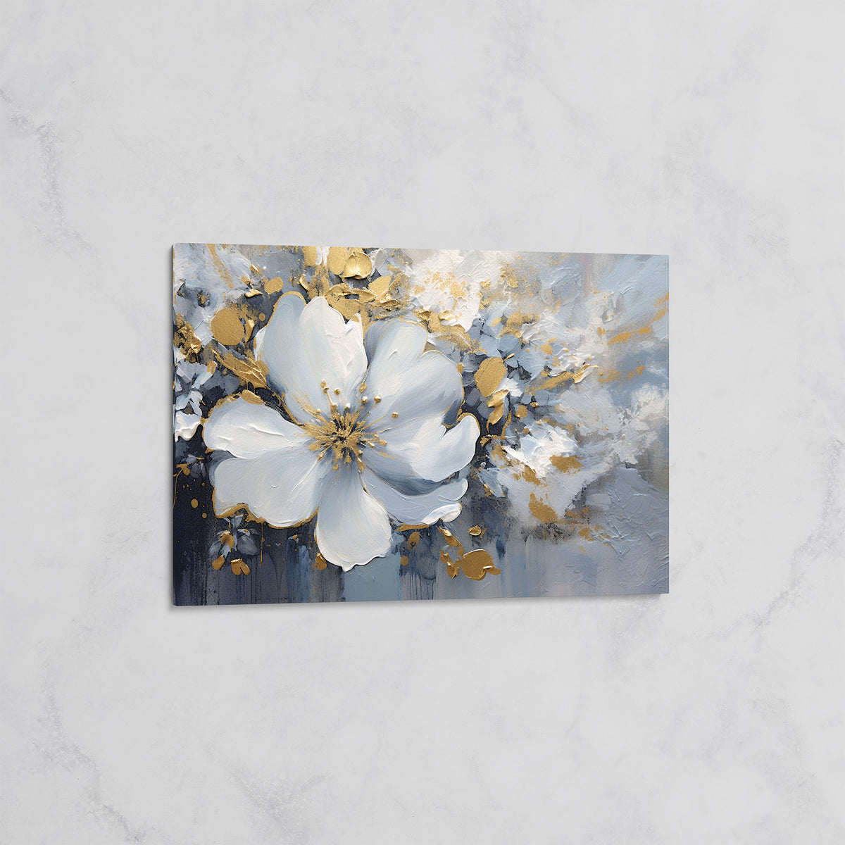 Tableau Fleur Blanche et Or sur Fond Bleu – Art Floral Moderne