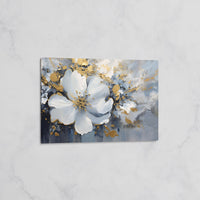 Tableau Fleur Blanche et Or sur Fond Bleu – Art Floral Moderne