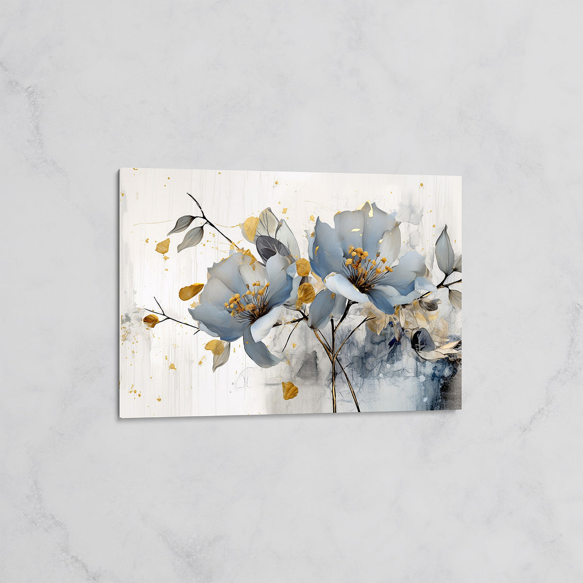 Tableau Fleurs Bleues et Feuilles Dorées – Art Floral Contemporain