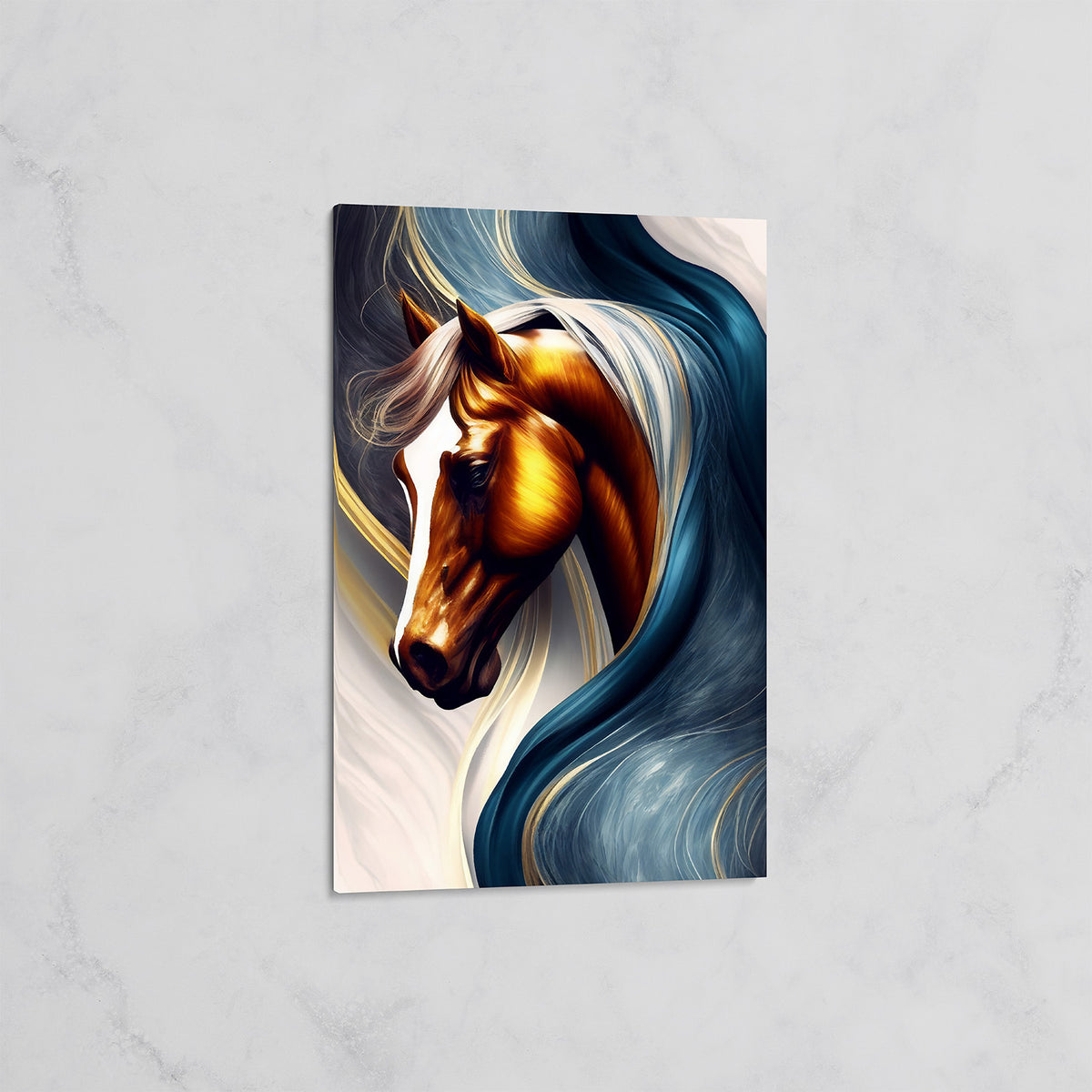 Tableau Cheval Doré aux Flots Bleus – Art Abstrait Moderne