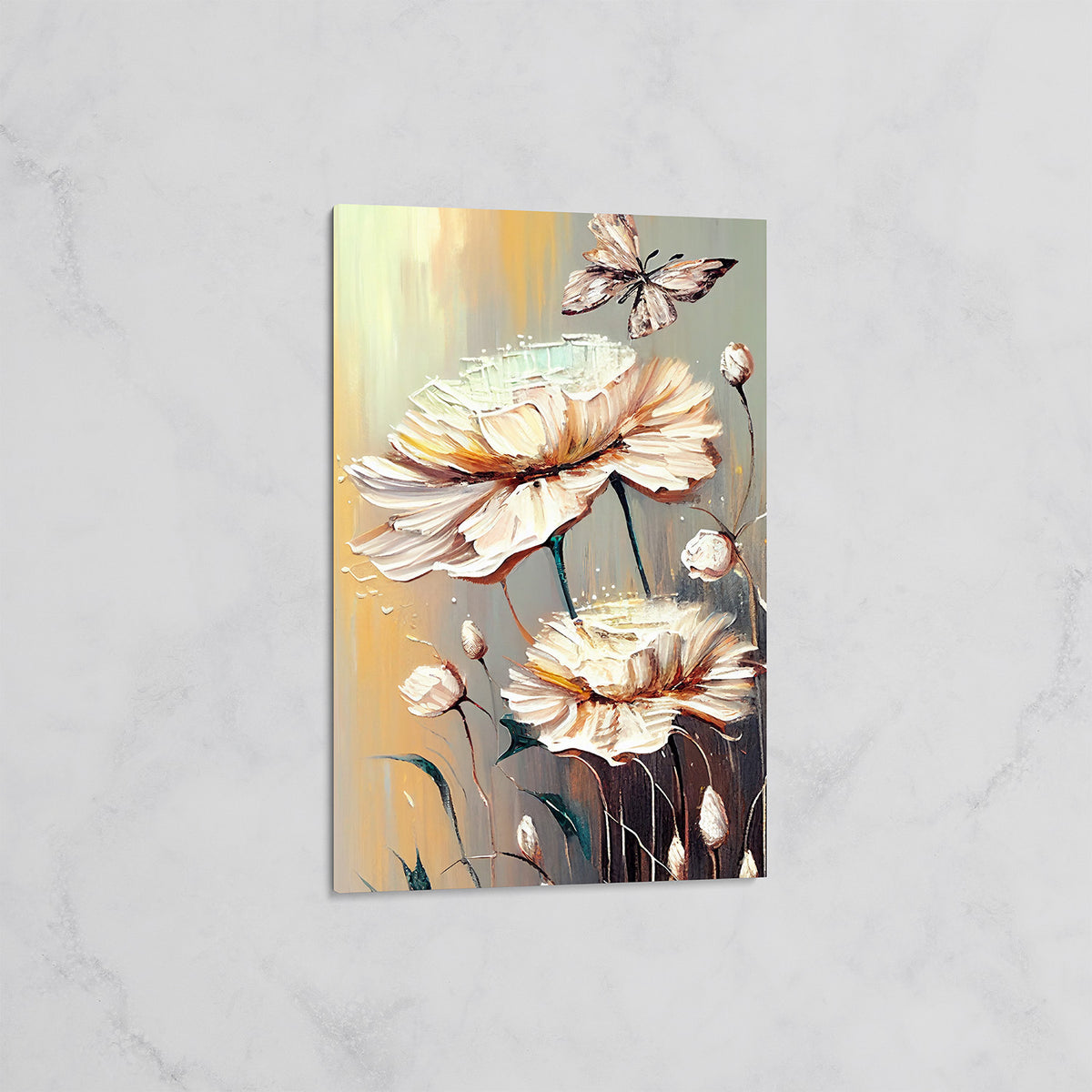 Tableau Fleurs Crème et Papillon – Art Floral Texturé
