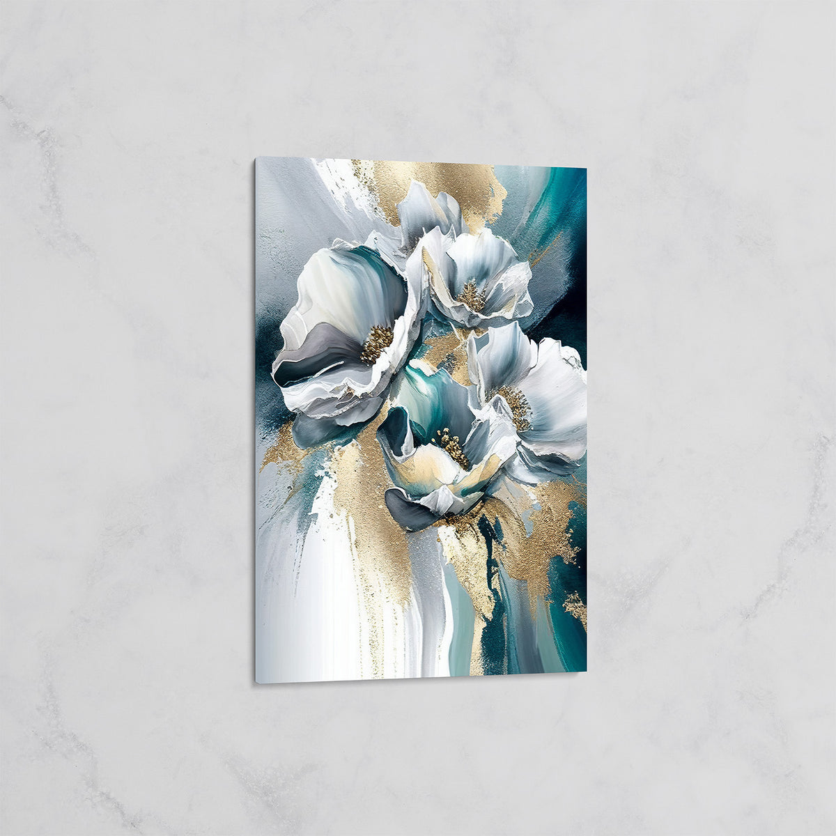 Tableau Fleurs Turquoise et Or – Art Floral Abstrait