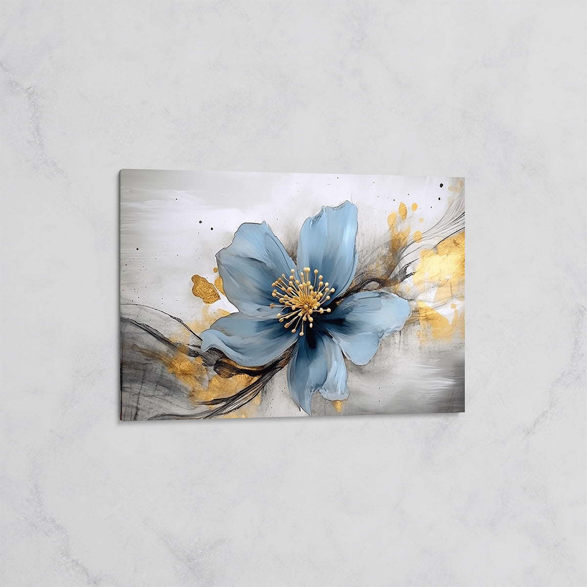 Tableau Fleur Bleue et Éclats Dorés – Art Floral Moderne