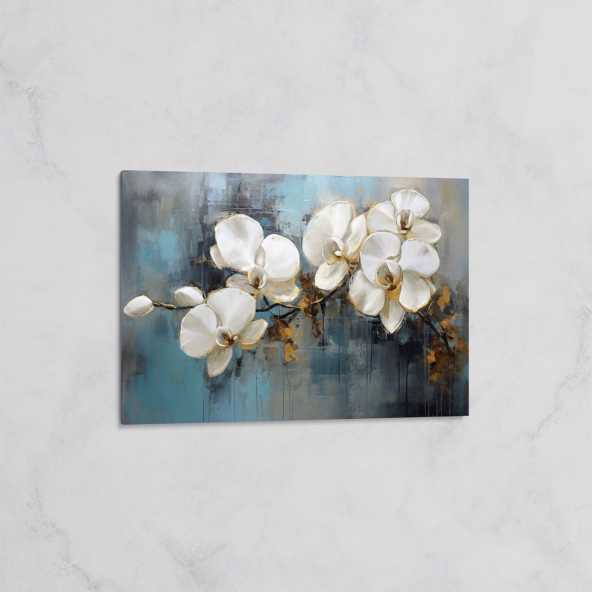 Tableau Orchidées Blanches sur Fond Bleu – Art Floral Contemporain