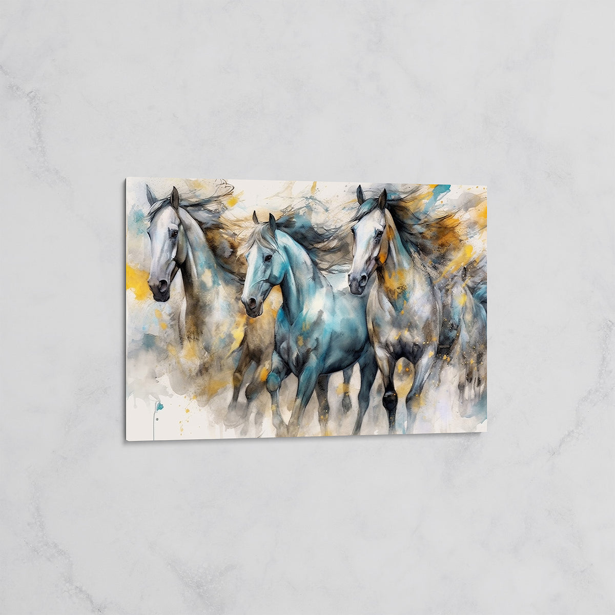 Tableau Chevaux Galopant Bleu et Or – Art Équestre Moderne