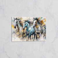 Tableau Chevaux Galopant Bleu et Or – Art Équestre Moderne