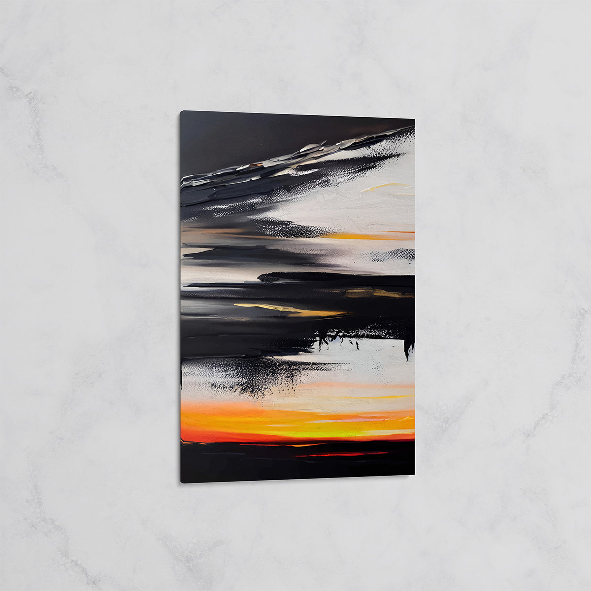 Tableau Abstrait Coucher de Soleil Noir et Orange – Déco Murale Moderne