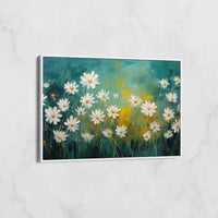 Tableau Floral Naturel - Champ de Marguerites sur Fond Vert et Jaune