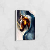 Tableau Cheval Doré aux Flots Bleus – Art Abstrait Moderne