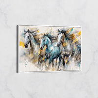 Tableau Chevaux Galopant Bleu et Or – Art Équestre Moderne