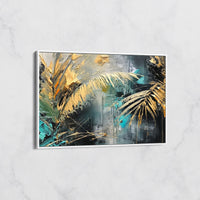 Tableau Palmes Dorées sur Fond Turquoise – Art Tropical Abstrait