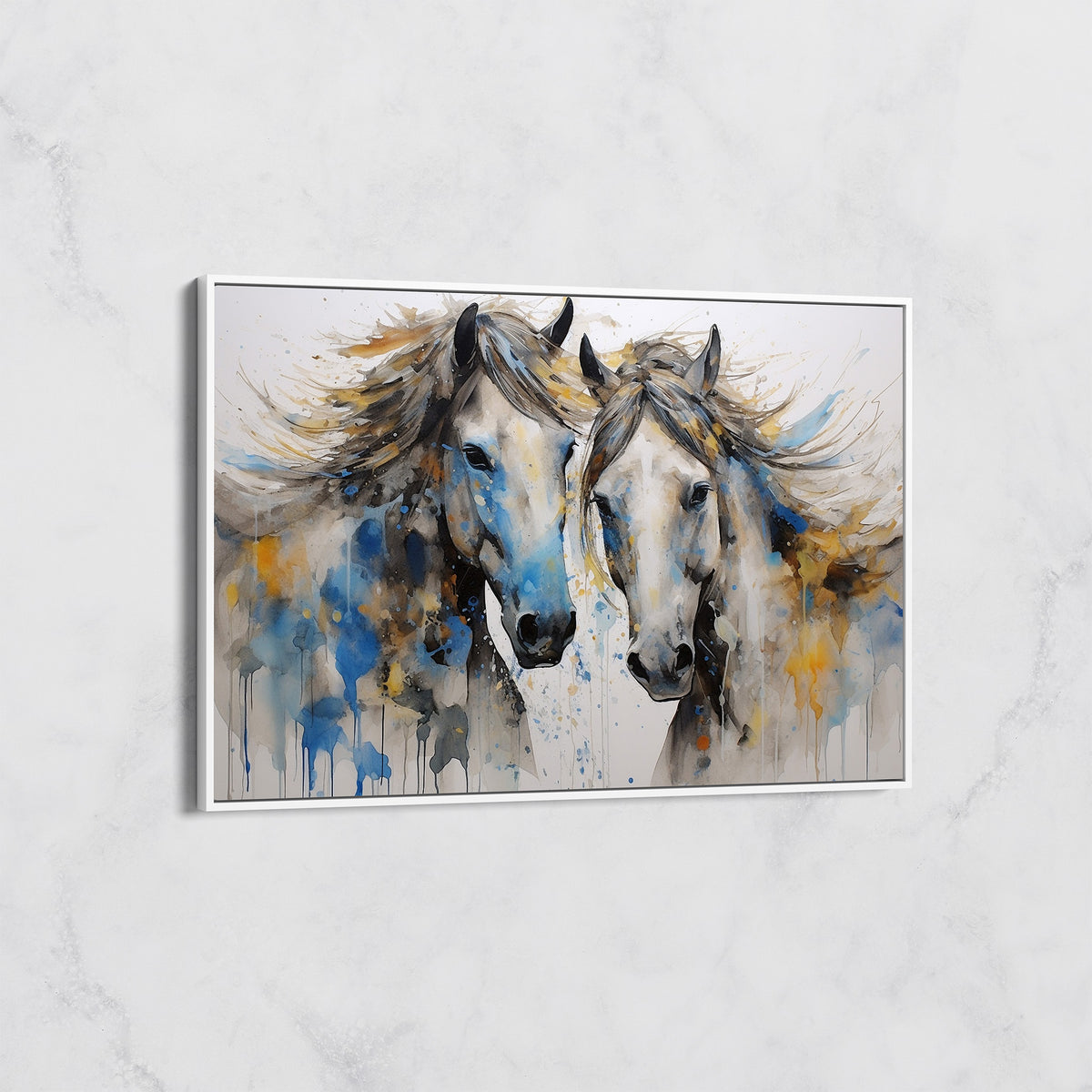 Tableau Duo de Chevaux Bleu et Or – Art Équestre Moderne
