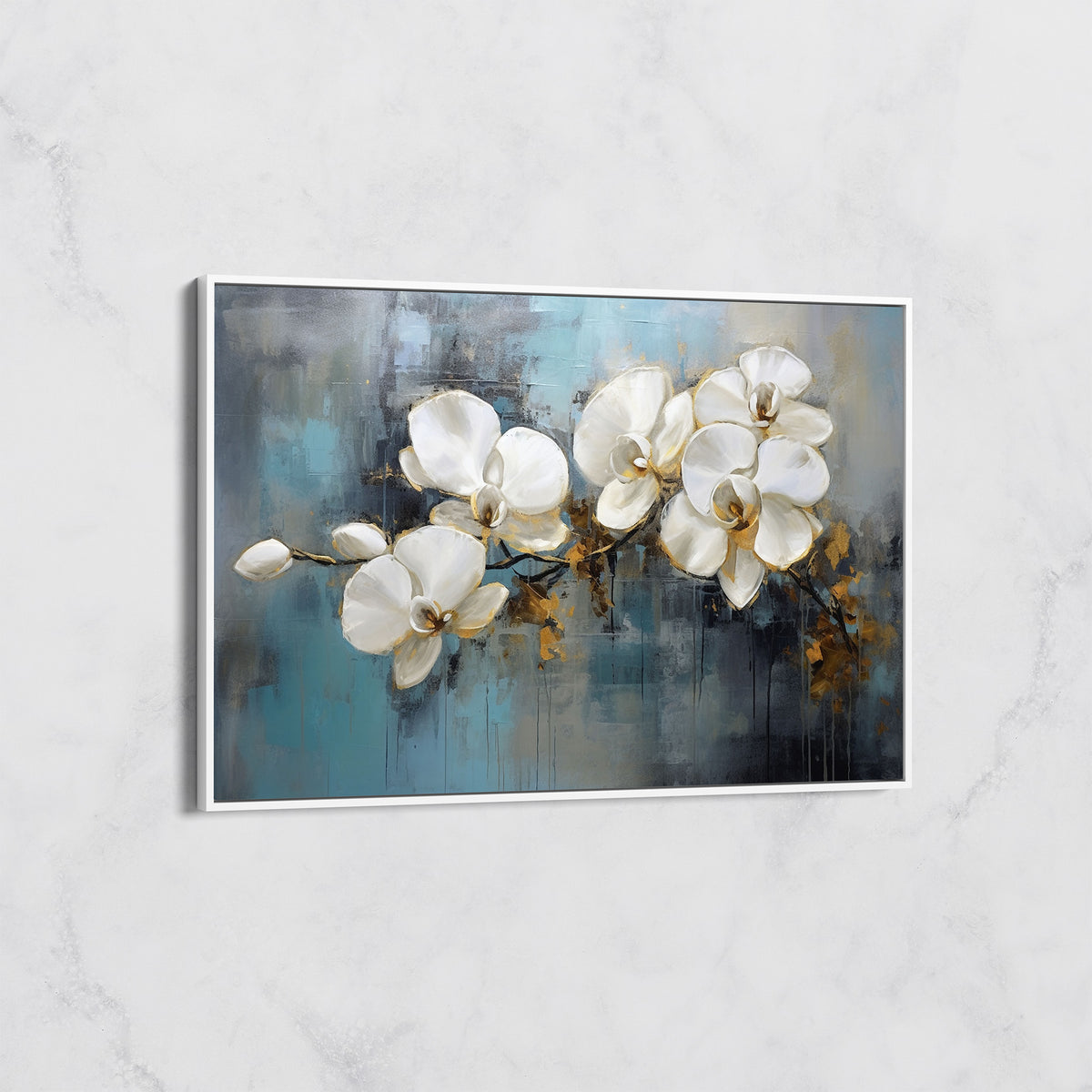 Tableau Orchidées Blanches sur Fond Bleu – Art Floral Contemporain
