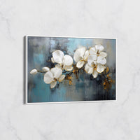Tableau Orchidées Blanches sur Fond Bleu – Art Floral Contemporain