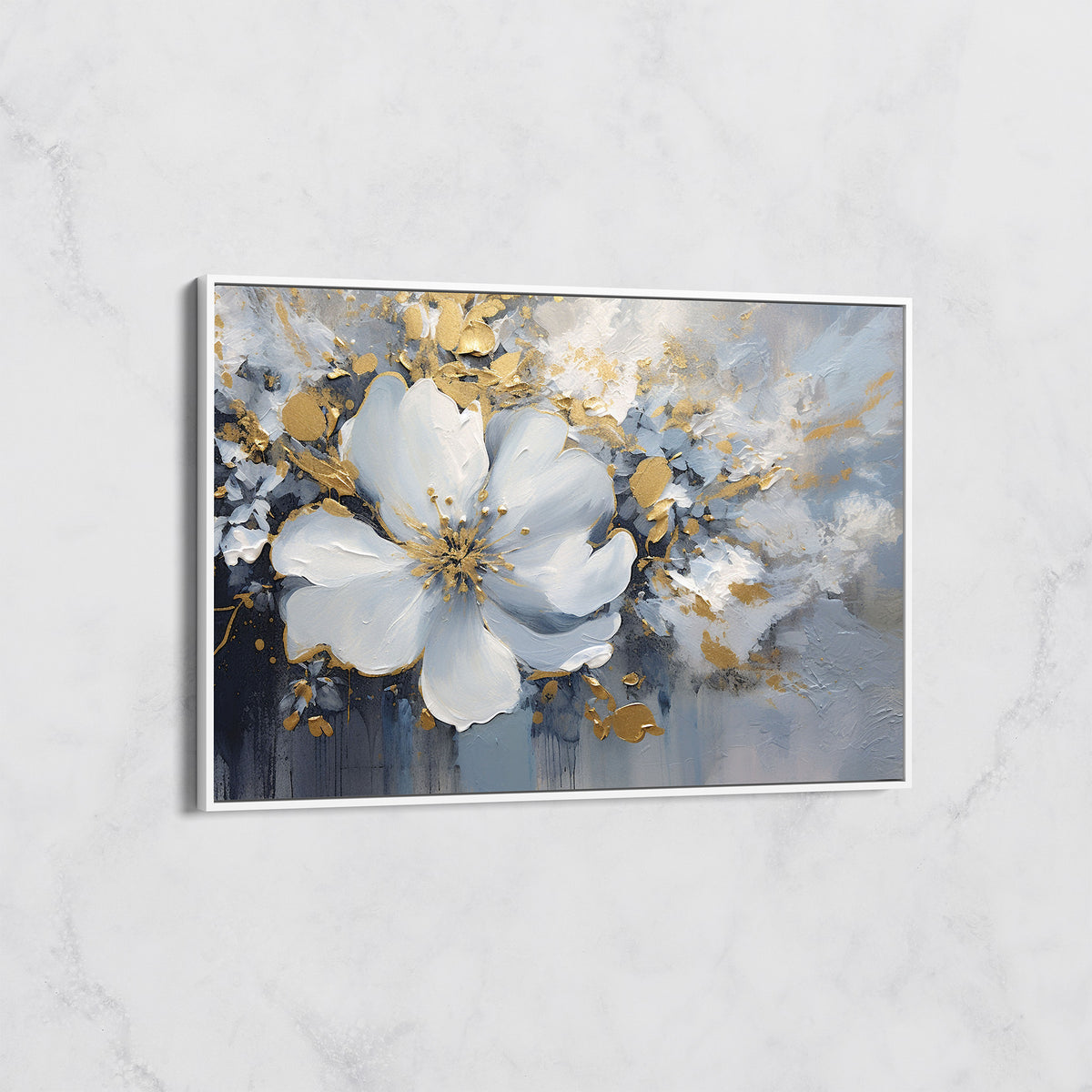 Tableau Fleur Blanche et Or sur Fond Bleu – Art Floral Moderne