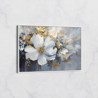 Tableau Fleur Blanche et Or sur Fond Bleu – Art Floral Moderne
