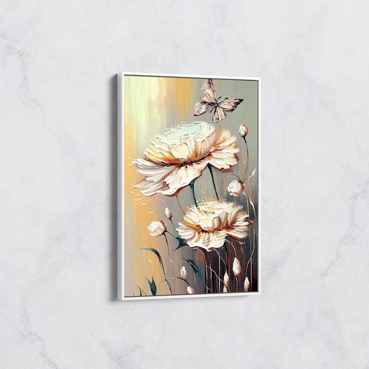 Tableau Fleurs Crème et Papillon – Art Floral Texturé