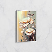 Tableau Fleurs Crème et Papillon – Art Floral Texturé