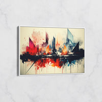 Tableau Abstrait Urbain - Skyline Moderne avec Reflets et Couleurs Vives