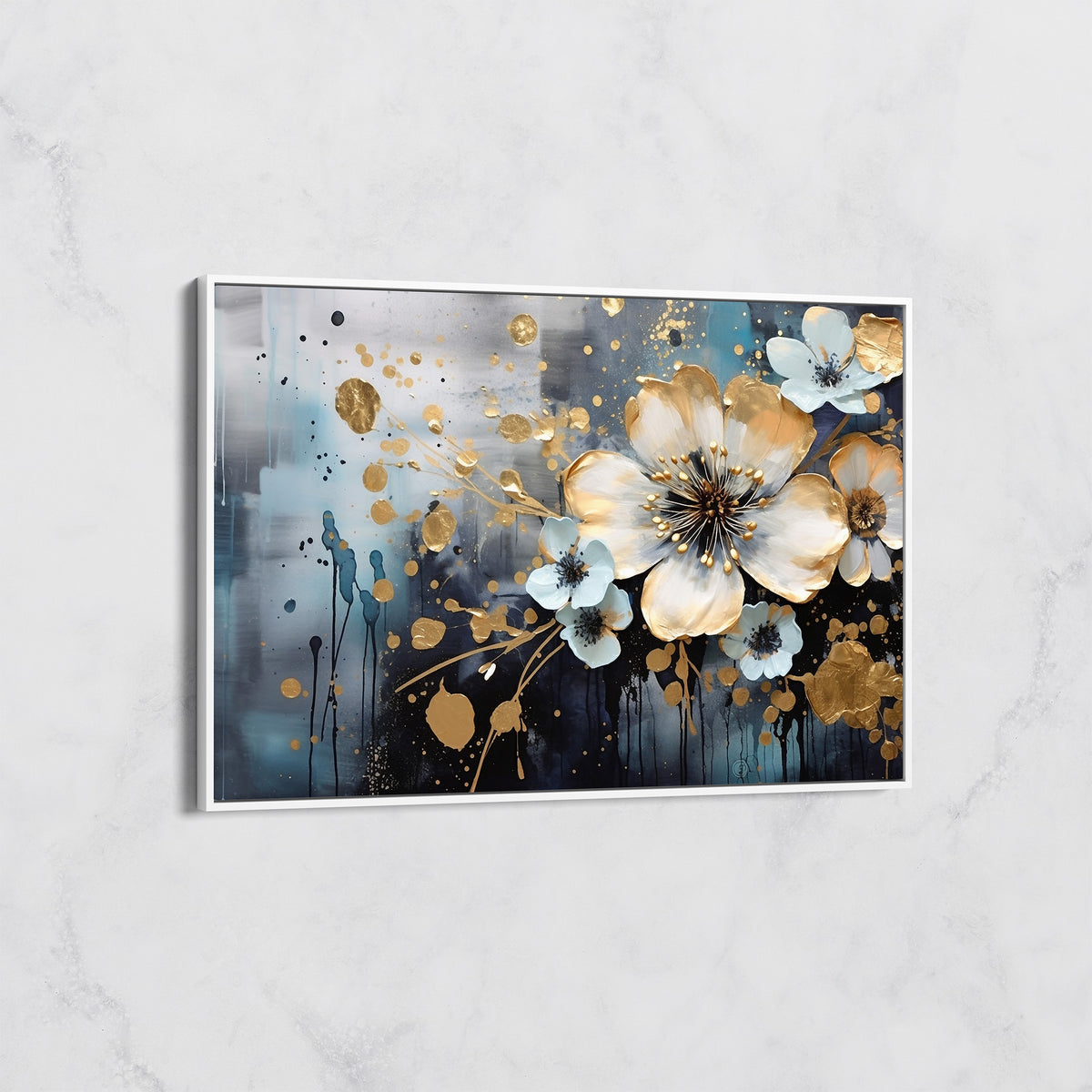 Tableau Bouquet Doré et Bleu Intense – Art Floral Moderne