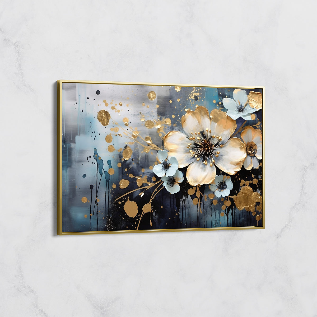Tableau Bouquet Doré et Bleu Intense – Art Floral Moderne