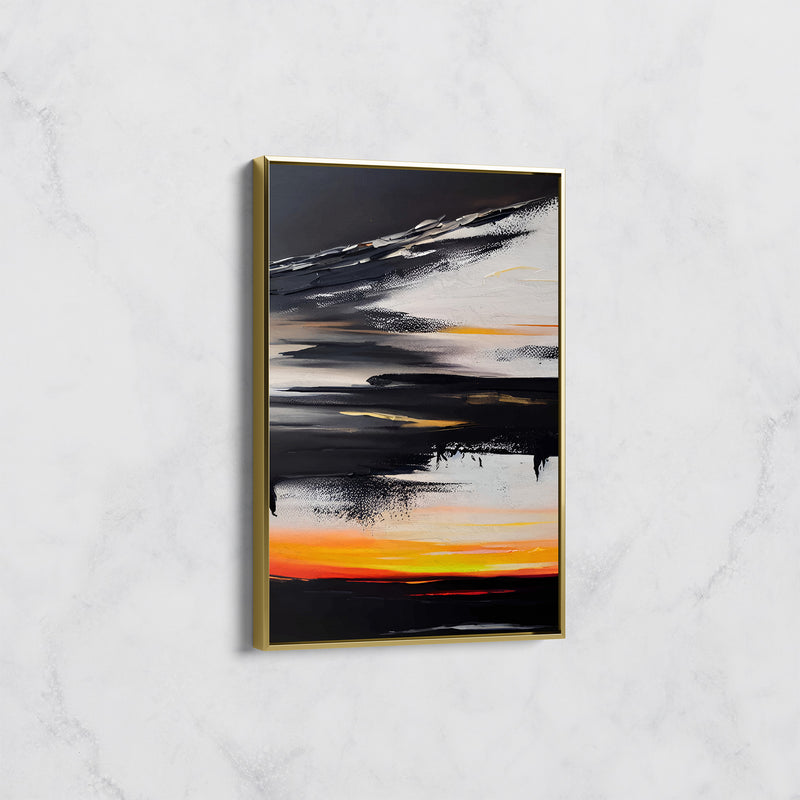 Tableau Abstrait Coucher de Soleil Noir et Orange – Déco Murale Moderne